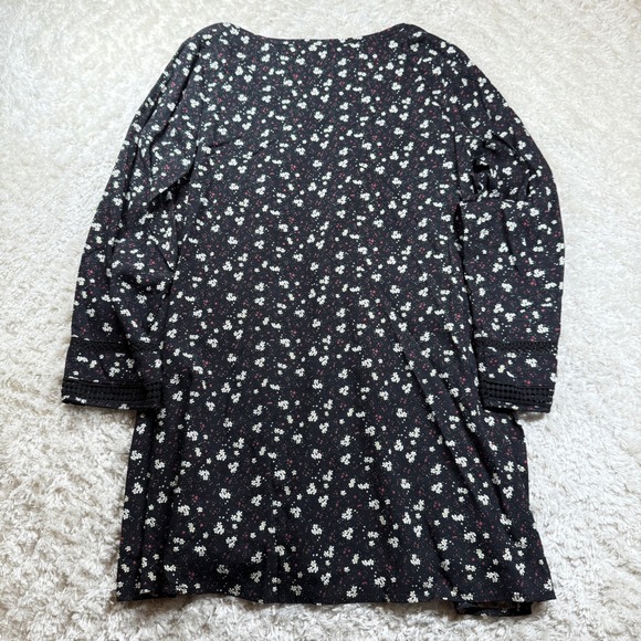 Easel Mini Dress Large Black Floral Print Pintuck Boho Western Rodeo Hippie Chic - Picture 2 of 9